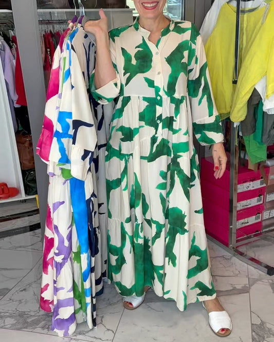 Lässiges bedrucktes patchworkkleid mit glockenärmeln