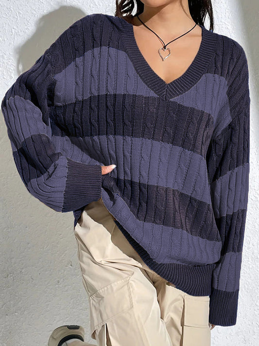 V Neck Loose Contrast Stripes Casual Sweaters/V-Ausschnitt Lose Kontraststreifen Freizeitpullover