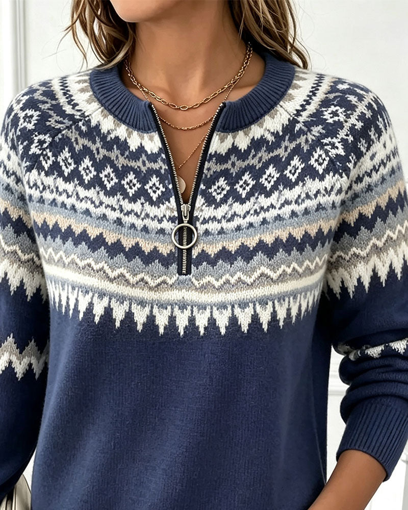 Rundhals-Pullover Mit Reißverschluss Und Diamantmuster