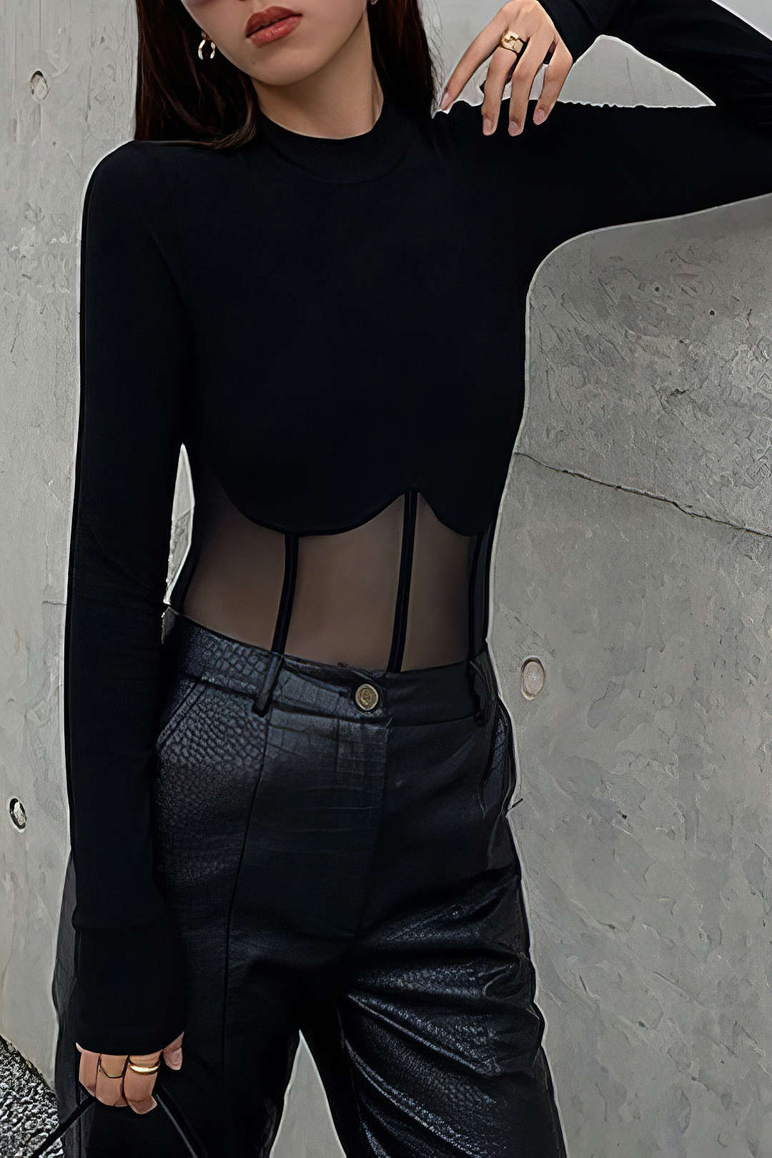 Chemise noire à manches longues et col rond style corset patchwork en maille Y2K 