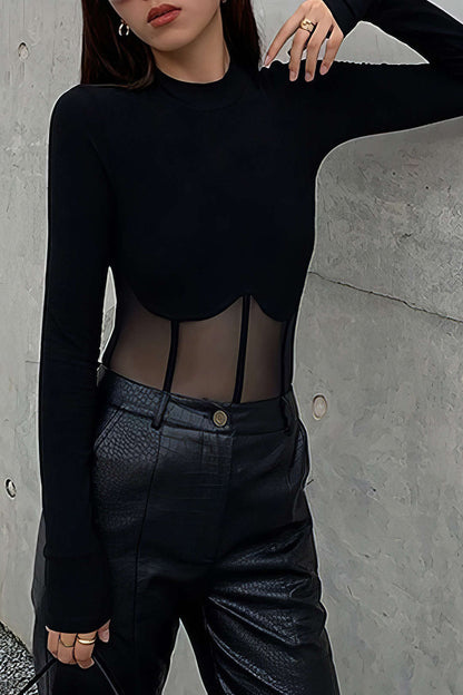 Chemise noire à manches longues et col rond style corset patchwork en maille Y2K 