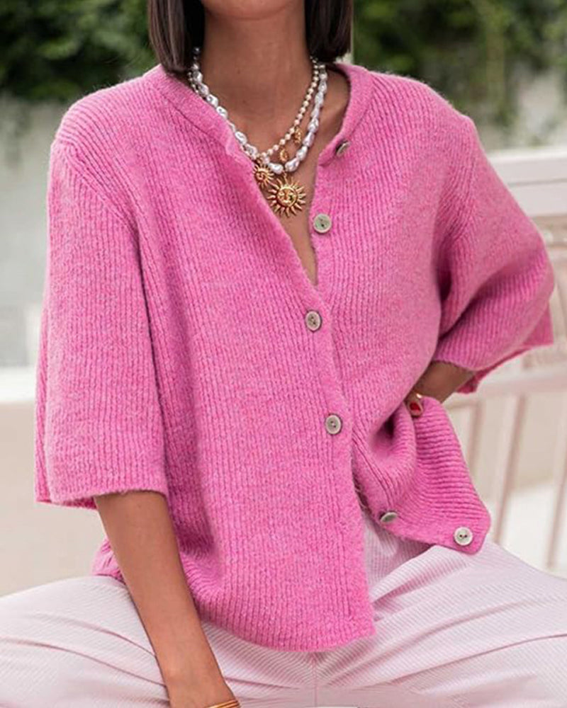 Pullover Cardigan Einfarbig Knopfleiste Kurzarm