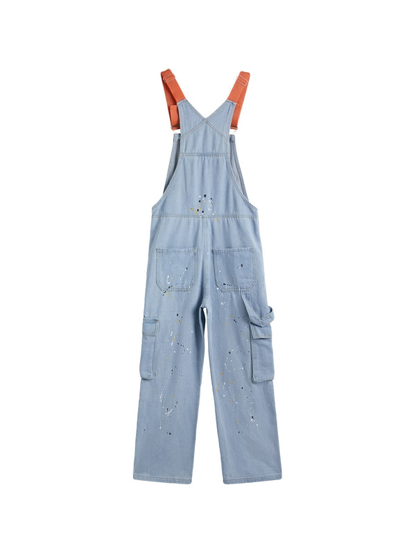 Blauer Vintage Overall mit Großen Taschen und Splash Ink Print