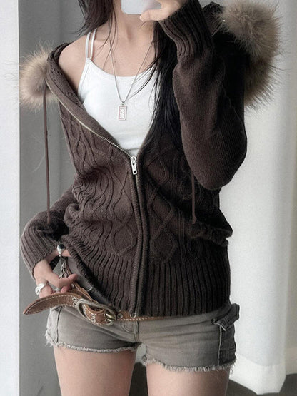 Einzelfarbige Vintage Jacke mit Twist und Pelzstich Details