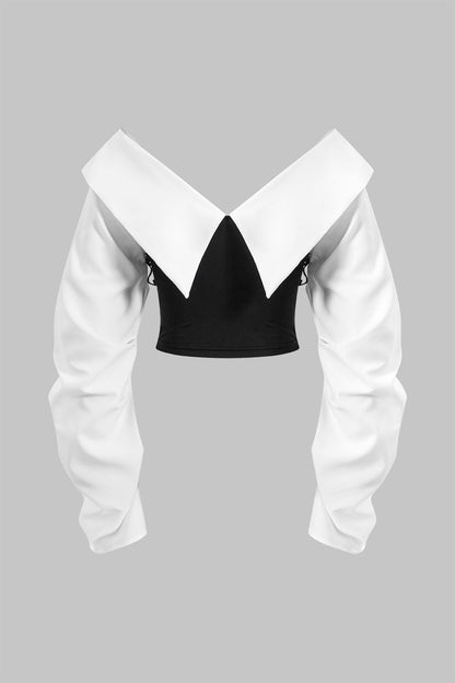 Kontrastfarbiges Y2k Raffungen V Ausschnitt Patchwork Langarm Top