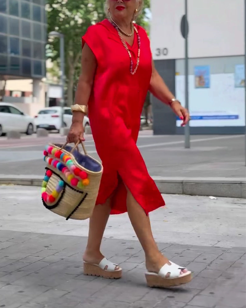 Kleid Revers Ärmellos Schlitz Einfarbig