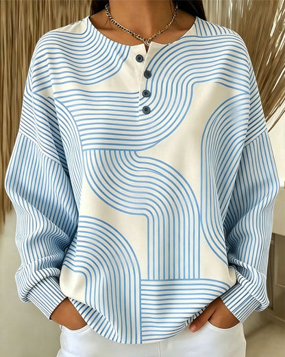 Sweatshirt Rundhals Knopf Gestreift Locker