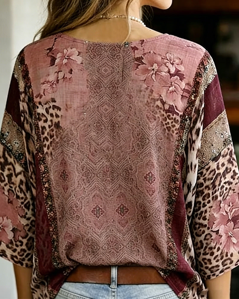 Bluse V-Ausschnitt Laterne Ärmel Leopard