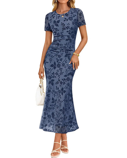 Kleid Blumenprint Taillenbetonend Mesh