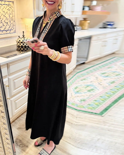 Kleid Puffärmel Karo Kontrast