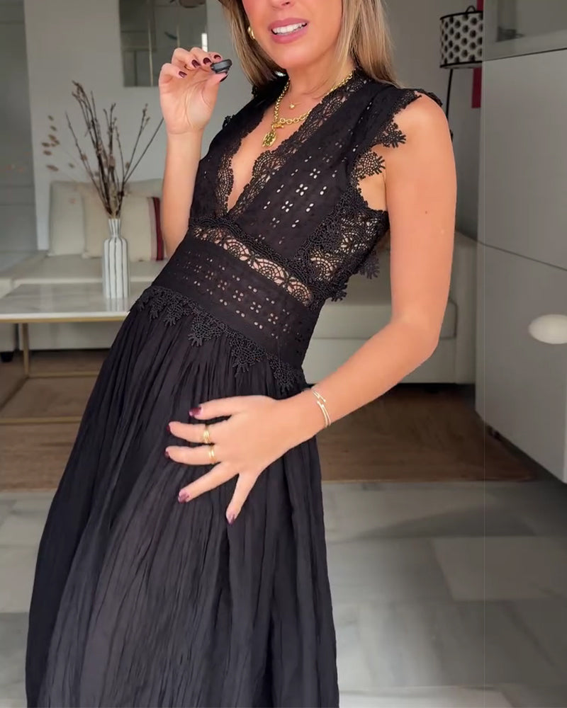 Kleid Spitze Tief V-Ausschnitt Halterneck Lang