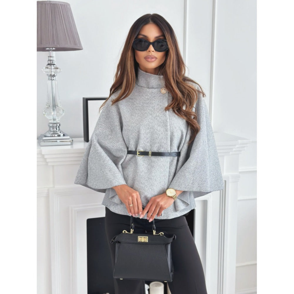 Belted Cape Coat with Wide Sleeves for Women - Zita
