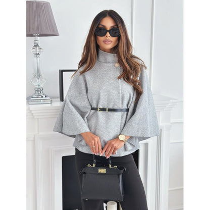 Belted Cape Coat with Wide Sleeves for Women - Zita