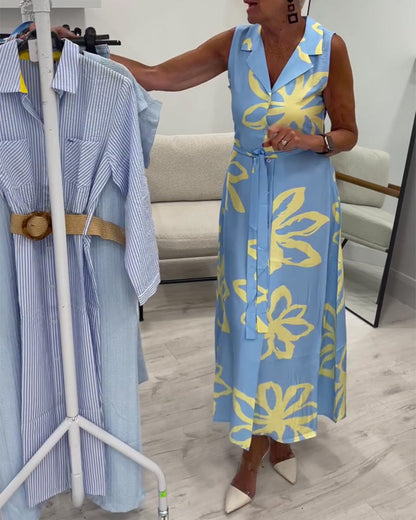 Kleid Ärmellos Reverskragen Schnürung Blumen Maxi