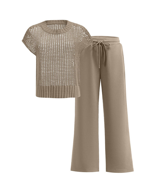 Set Rundhalsausschnitt Kurzarm Durchbrochener Pullover