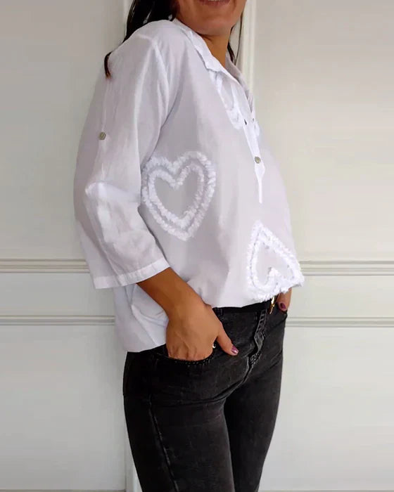 White blouse with heart embroidery and 3/4 sleeves - Ella