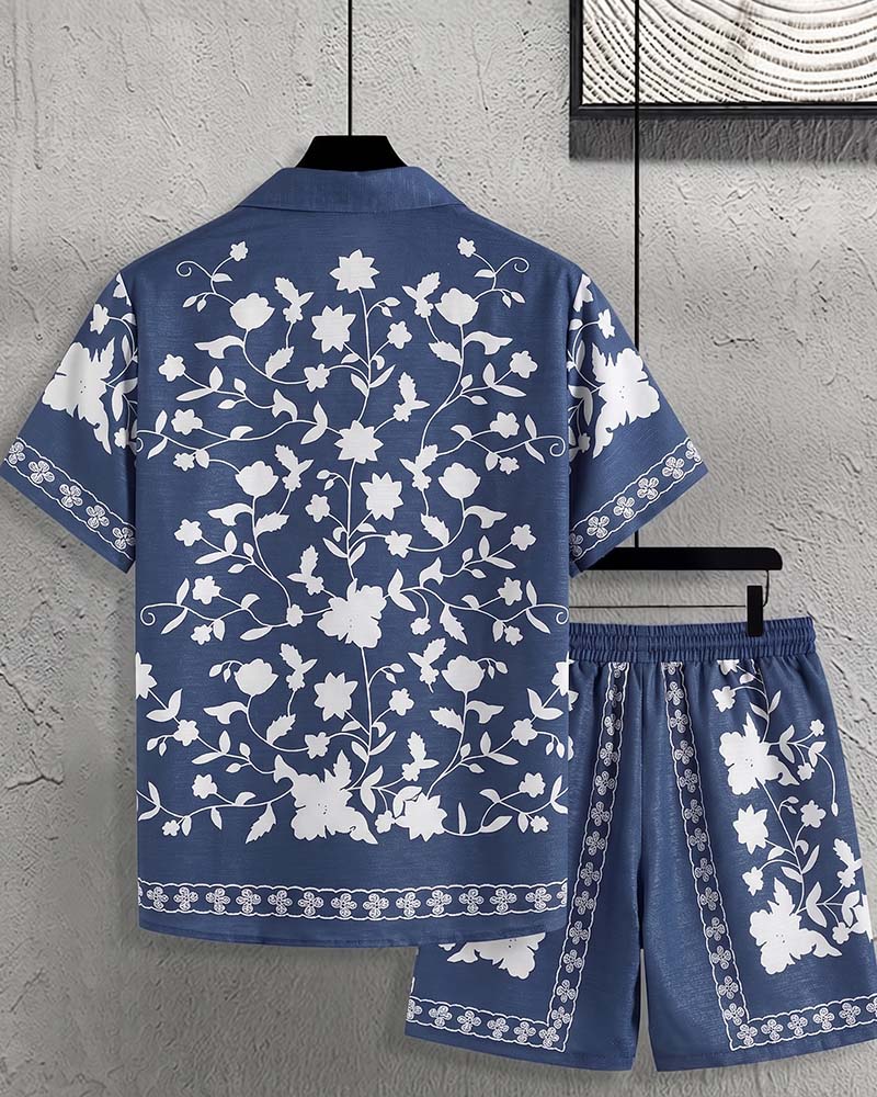 Herren Set Blaues Porzellan Knopfleiste Kurzarm