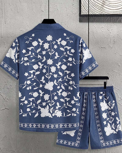 Herren Set Blaues Porzellan Knopfleiste Kurzarm