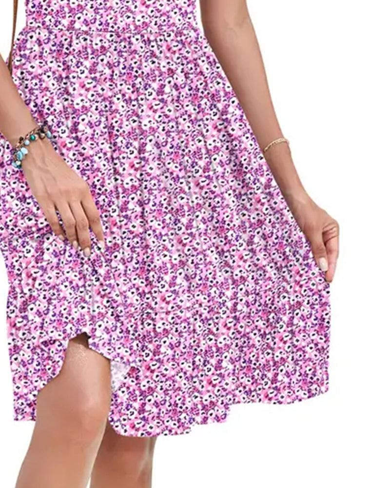 Kleid Eckiger Ausschnitt Geblümt Kurzarm A-Linie
