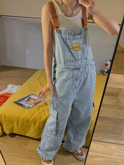 Blauer Vintage Overall mit Großen Taschen und Splash Ink Print