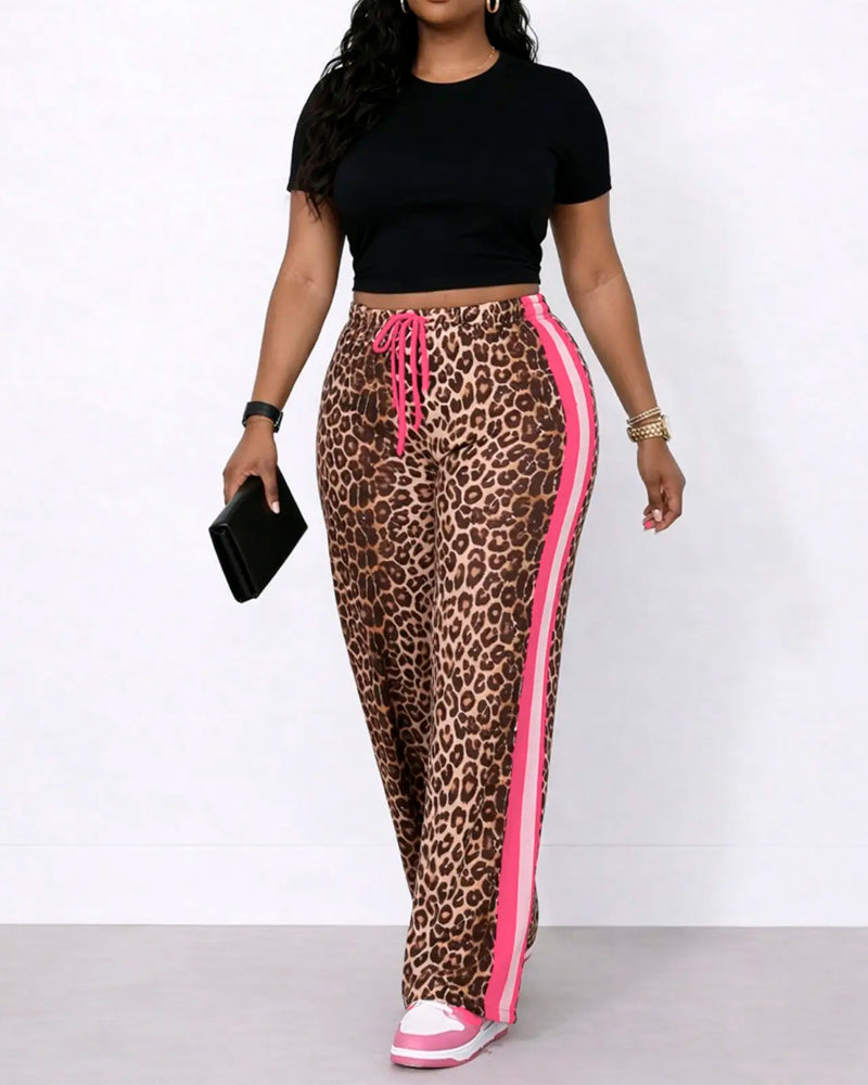 Hose Colorblock Leopardenmuster Kordelzug gerade geschnitten