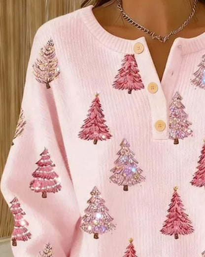 Pullover Weihnachtsbaum Druck Henley Kragen