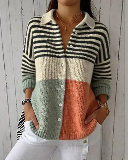 Jacke Revers Knopf Streifen Farbblock