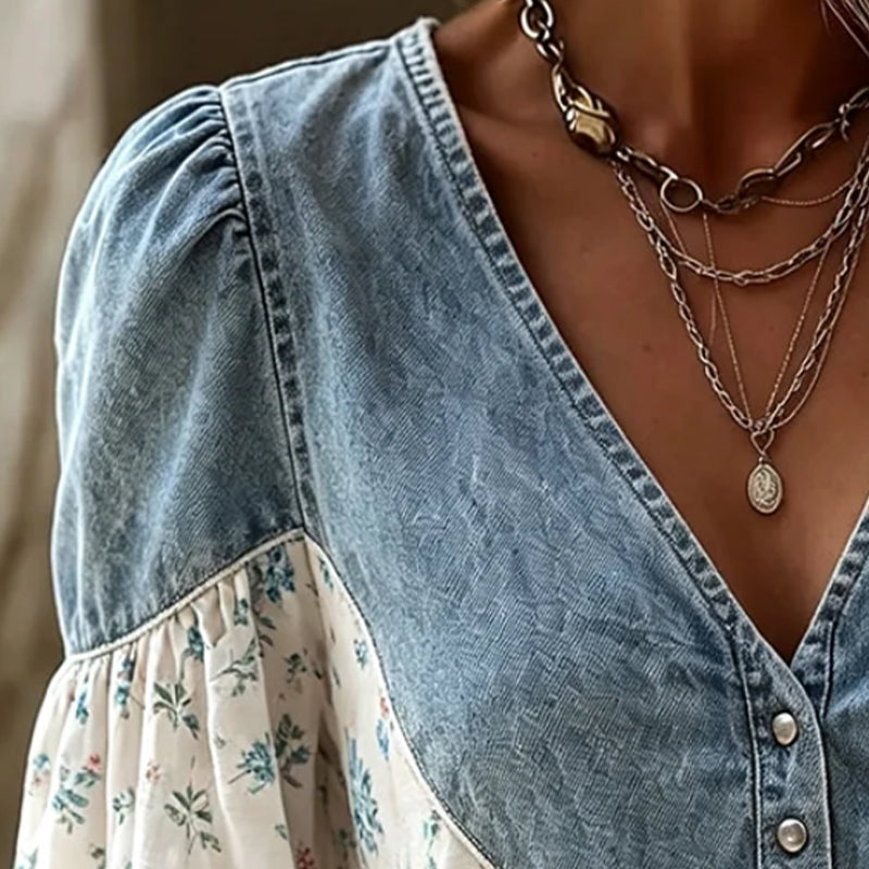 Bluse V-Ausschnitt Blumenprint Puffärmel Denim Panel