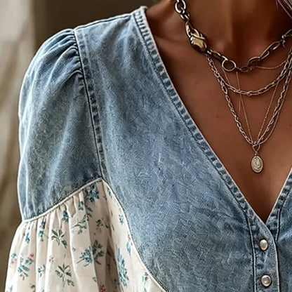 Bluse V-Ausschnitt Blumenprint Puffärmel Denim Panel