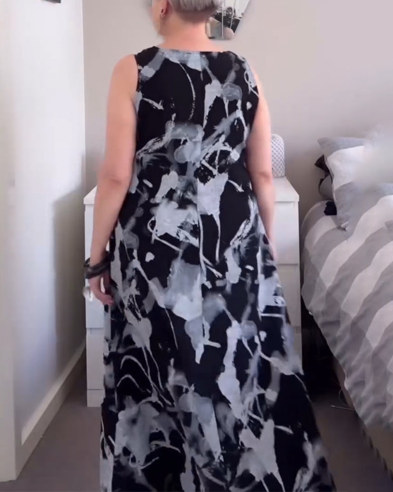 Kleid V-Ausschnitt Retro-Druck ärmellos