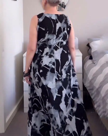 Kleid V-Ausschnitt Retro-Druck ärmellos