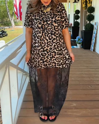 Kleid Stilvoll Kurzarm Leopardenmuster