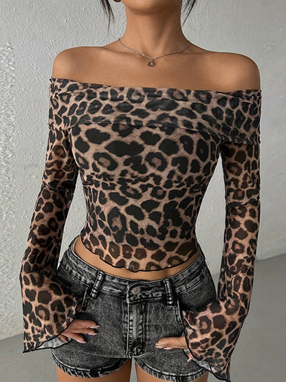 Y2k one shoulder leopard print long sleeve shirt