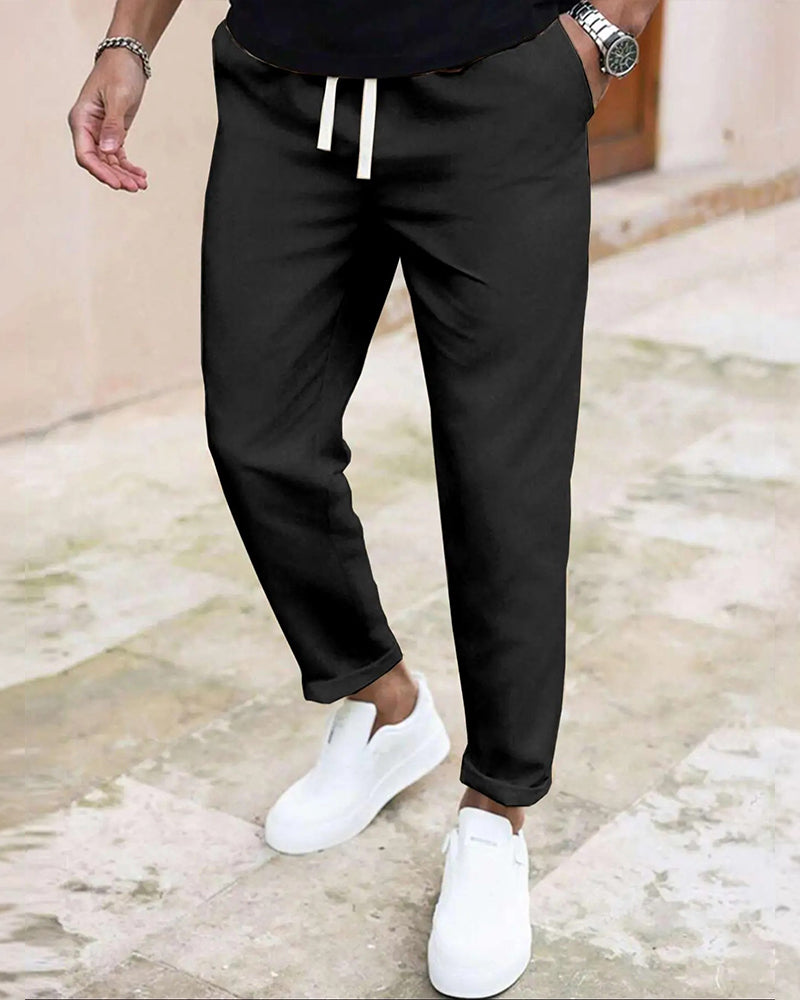 Herren Hose Einfarbig Kordelzug Slim Fit Cropped