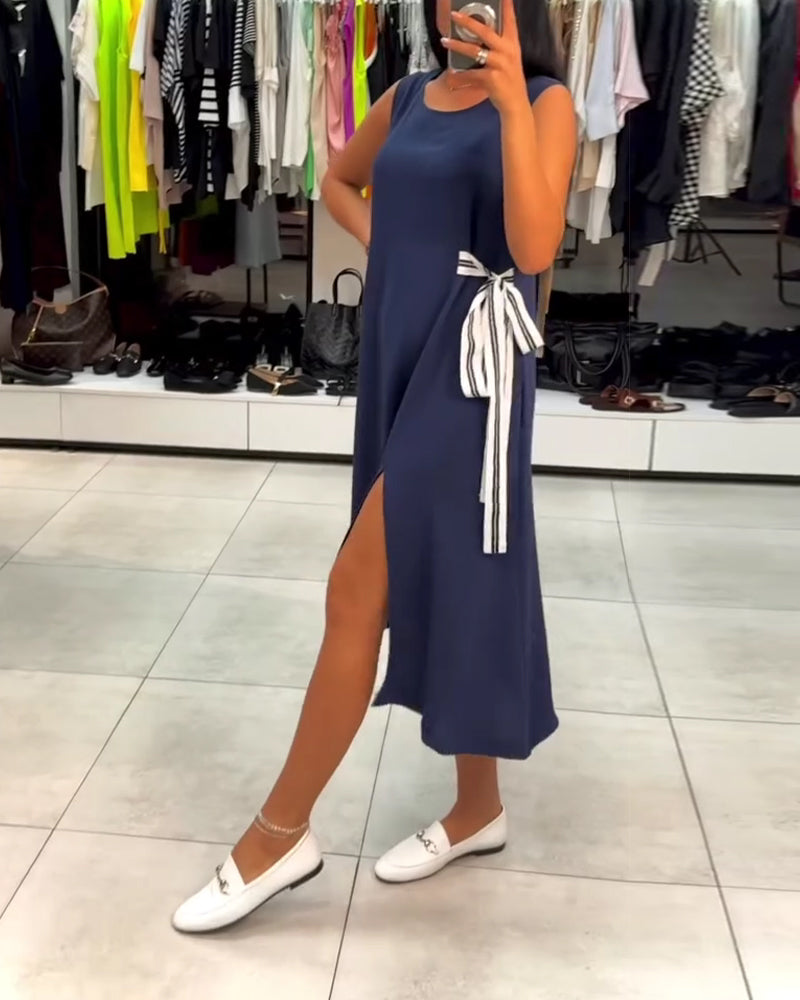 Kleid asymmetrisch unifarben Schlitz ärmellos