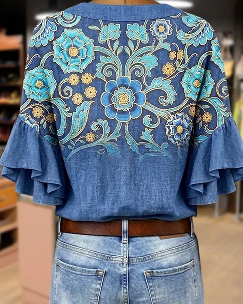 Bluse Bohemian Print V-Ausschnitt Vintage