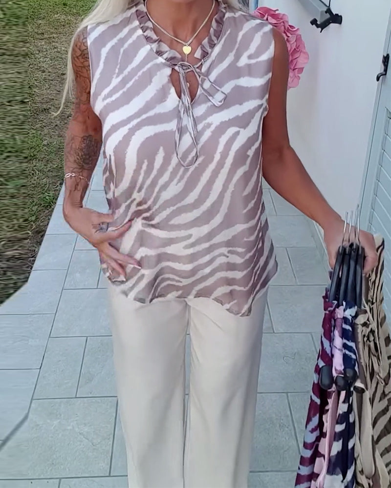 Blouse Imprimé Zébré Sans Manches Col Ruban