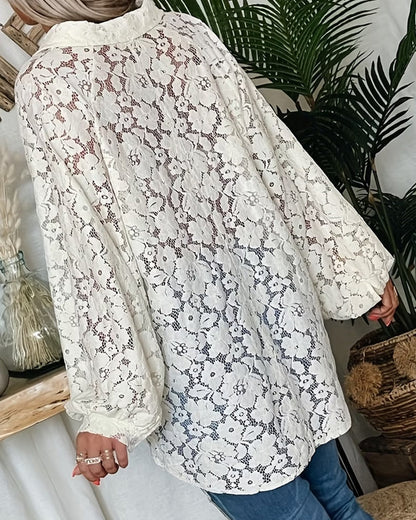 Bluse Blumige Spitze Revers Langarm