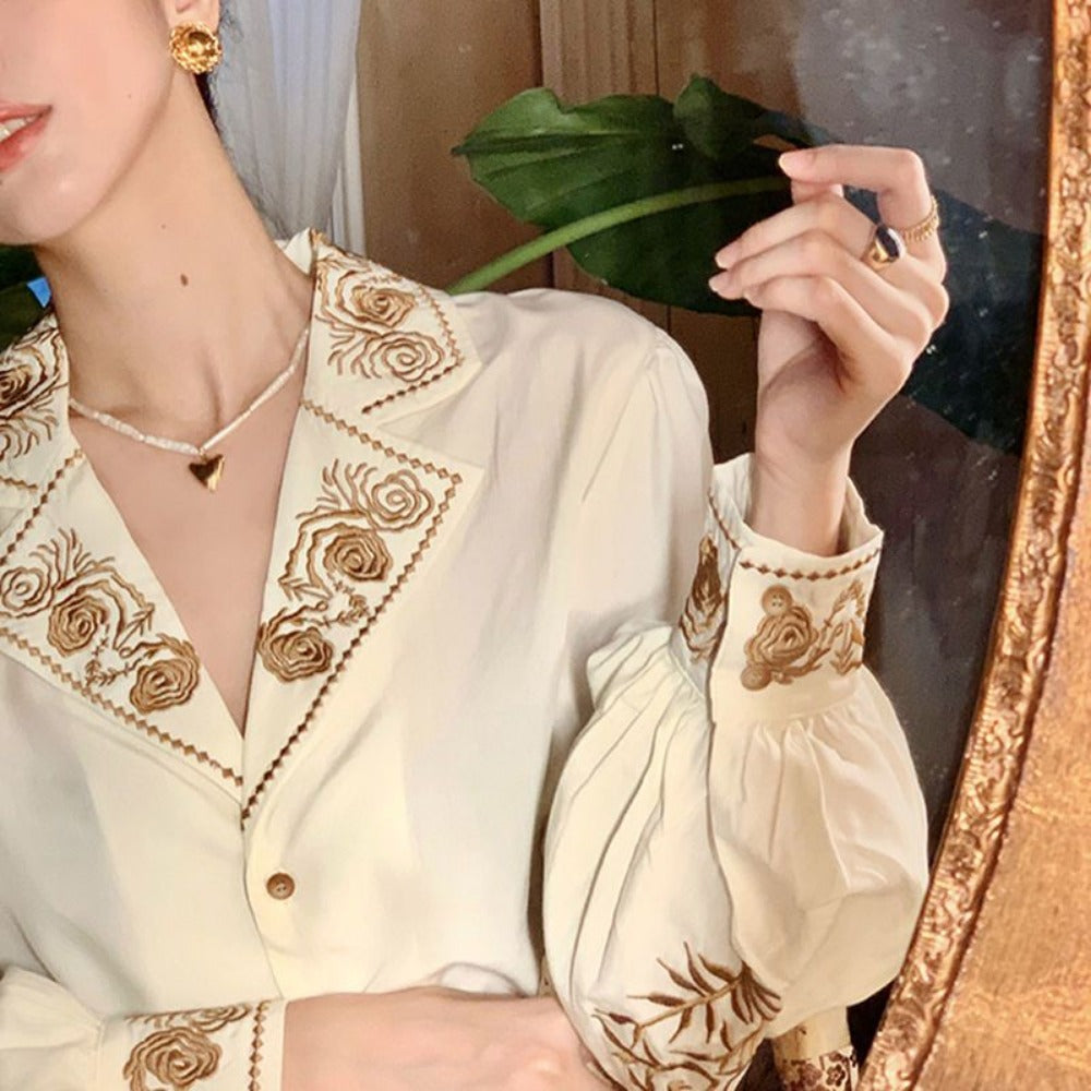 Apricot Embroidered Long Sleeve Blouse with Floral Design for Women - Mary