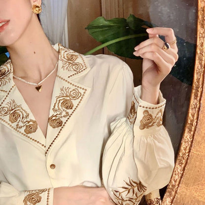 Apricot Embroidered Long Sleeve Blouse with Floral Design for Women - Mary