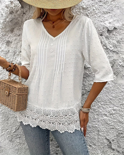 Bluse Jacquard Spitze Patchwork V-Ausschnitt