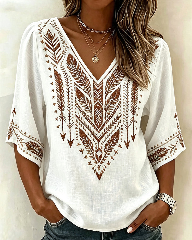 Bluse V-Ausschnitt Etnisch-Druck Locker