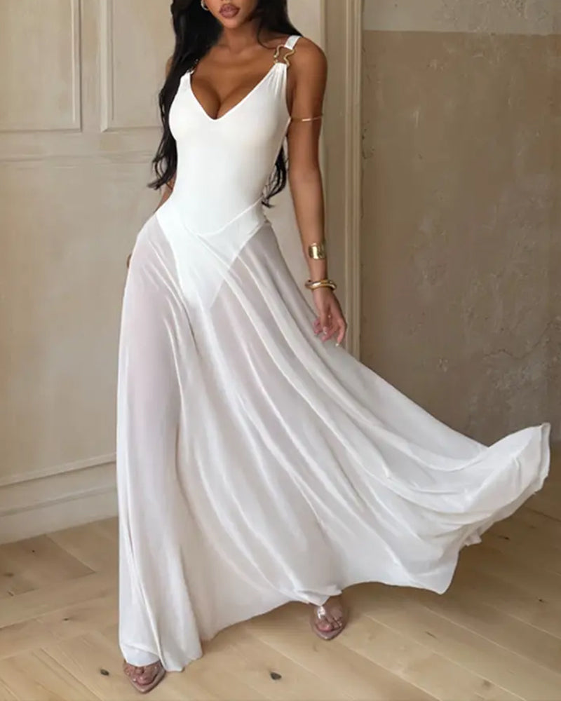 Kleid Tiefer V-Ausschnitt Durchsichtig Slip