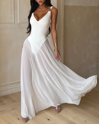 Kleid Tiefer V-Ausschnitt Durchsichtig Slip