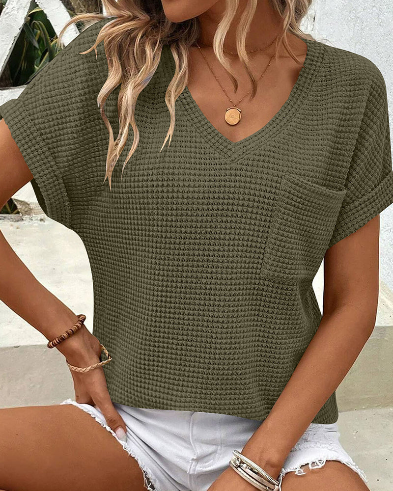 T-Shirt Damen Waffelstrick V-Ausschnitt Lässig Sommer