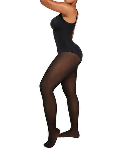 Transparentes Panel Mit Fleece-Gefütterter Strumpfhose Stay-Warm Bauchkontrolle Sheer-Effekt Strumpfhose Bodysuit Schwarz Basic