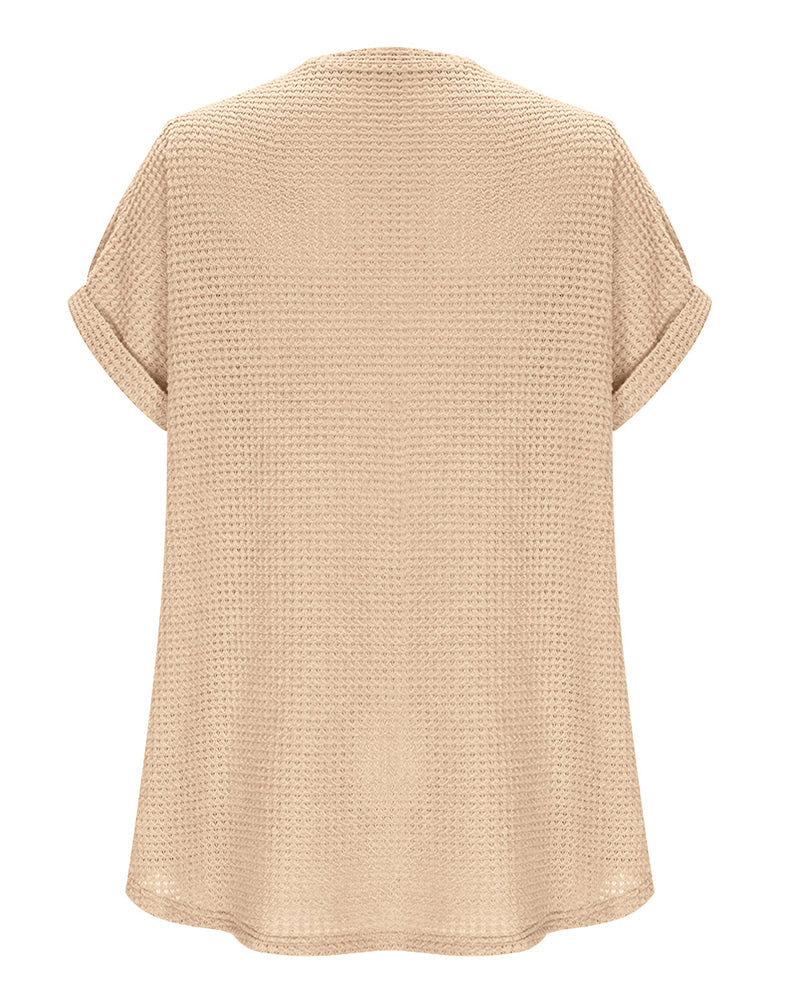 T-Shirt Damen Waffelstrick V-Ausschnitt Lässig Sommer
