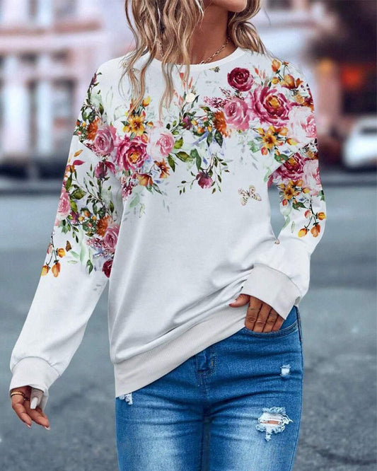 Lässiges sweatshirt mit rundhalsausschnitt und blumendruck