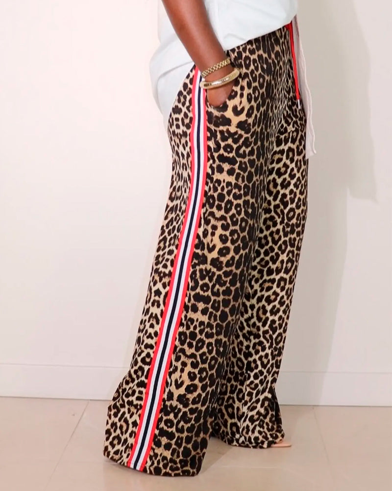 Hose Colorblock Leopardenmuster Kordelzug gerade geschnitten