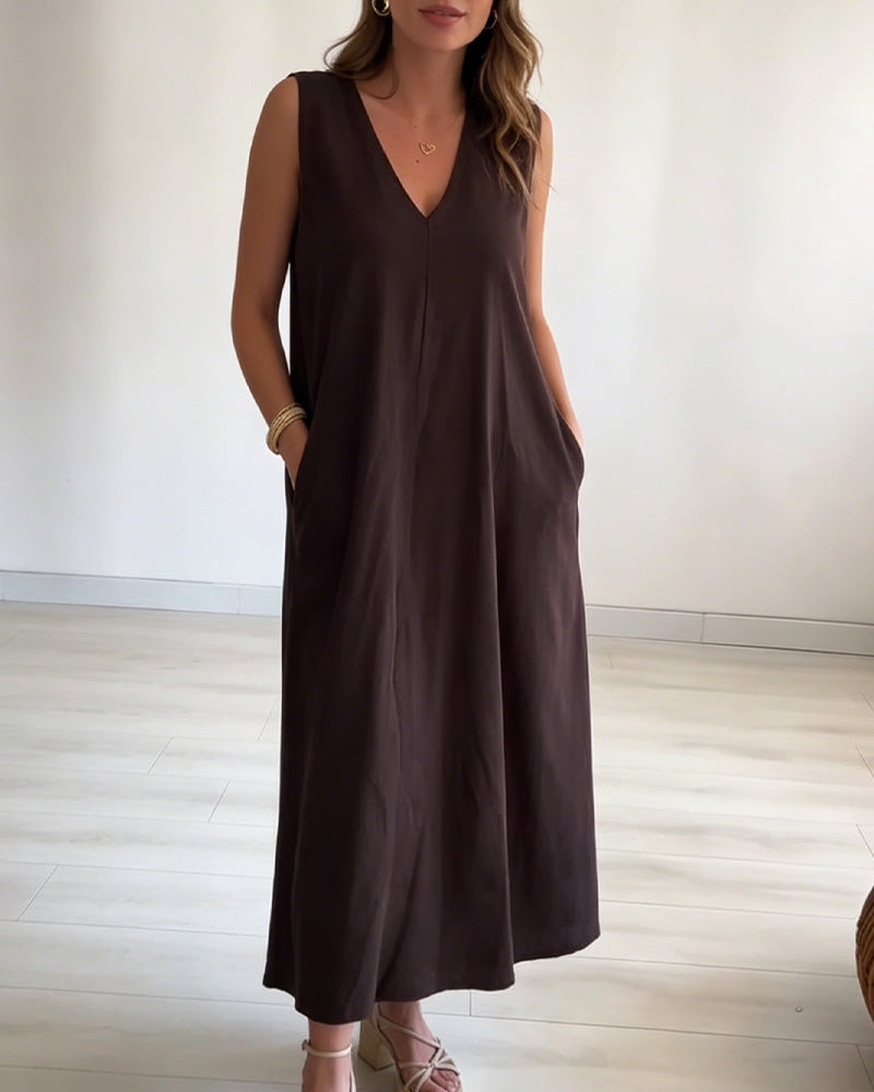 Kleid Tief V Ärmellos Lang